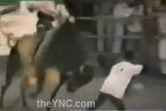 ロデオ競技で牛に振り回され踏みつけられ放り投げられ・・・